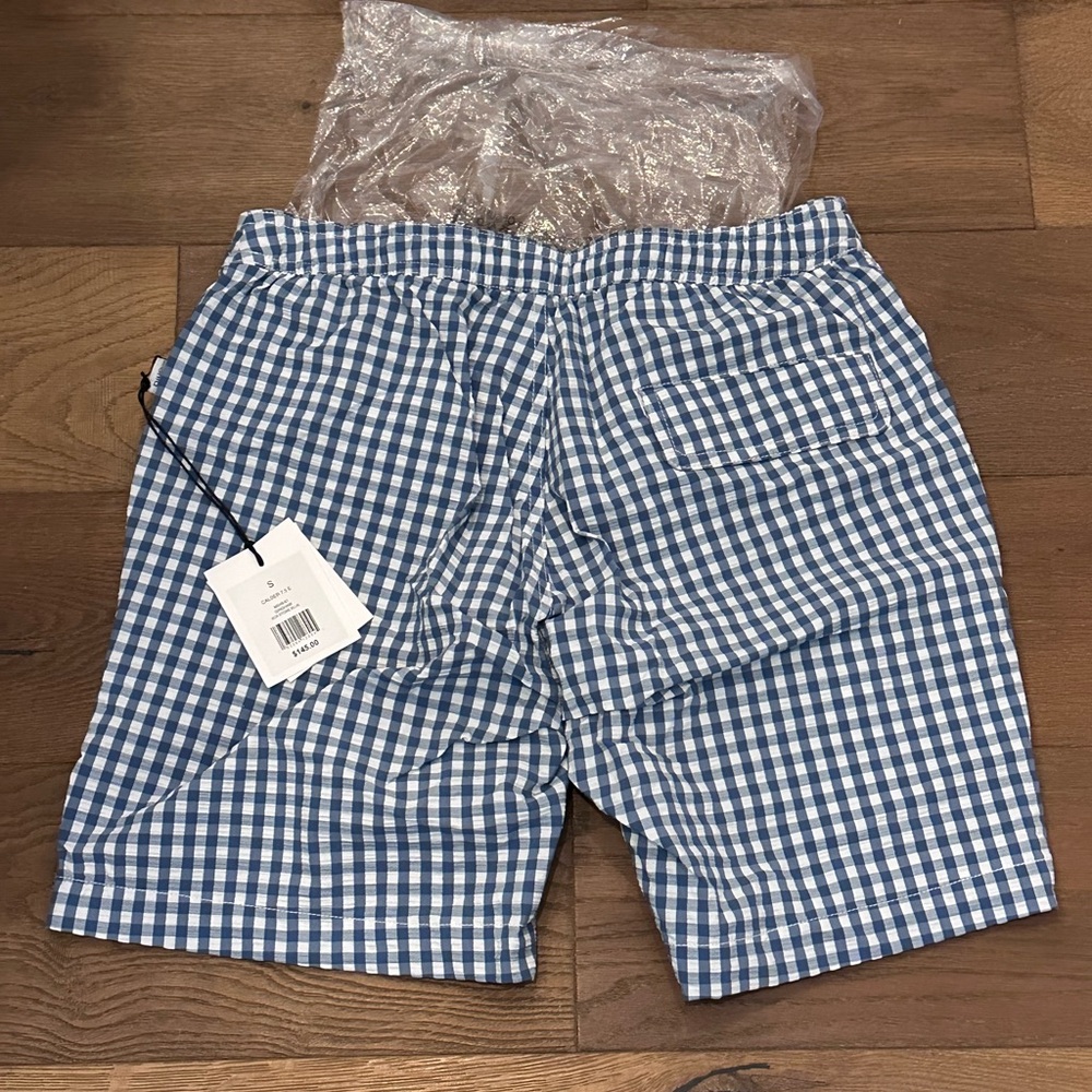 Onia Calder Swim Shorts - Mens S - Stone Blue Gingham - NWT